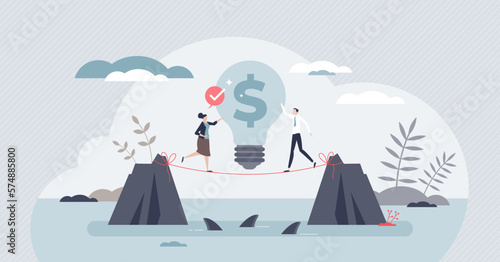 Startup entrepreneur as innovative and perspective idea funding or financial support tiny person concept. Business development with money raising vector illustration. Collaboration with businessman.