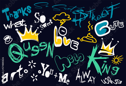 Graffiti words and elements, street art with spray paint drips. Abstract urban wall scribbles savage vector