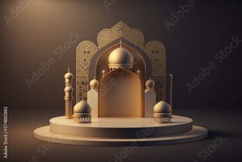 3D luxurious and elegant Islamic-themed podium for product display, Ramadan podium. Generative AI