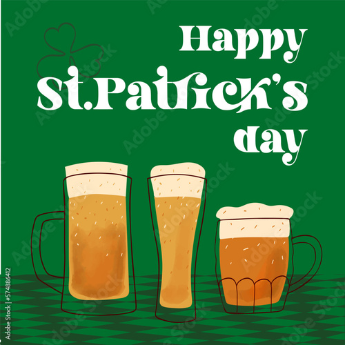 Happy St.Patrick s day text with illustration stylized mugs of beer on green background