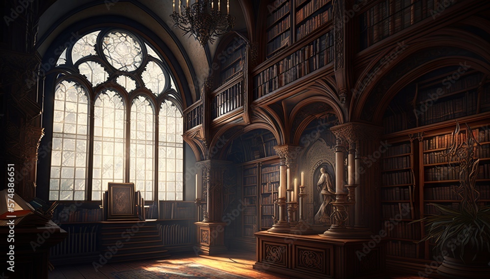 Gothic style great hall library room with big pillars, rosace and books. Generative AI