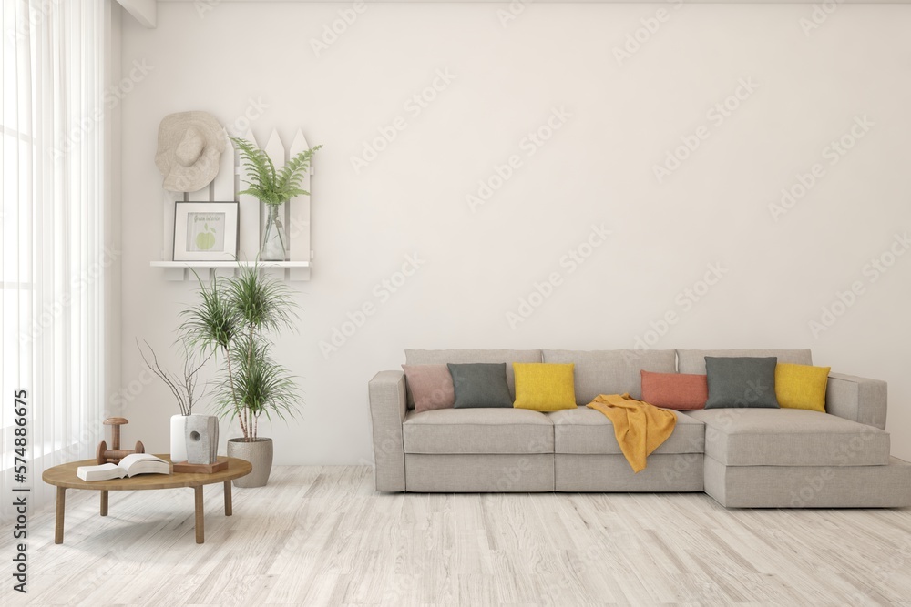 Fototapeta premium White scandinavian interior design with sofa. 3D illustration