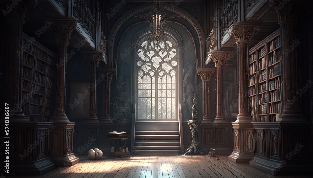Gothic style great hall library room with big pillars, rosace and books. Generative AI