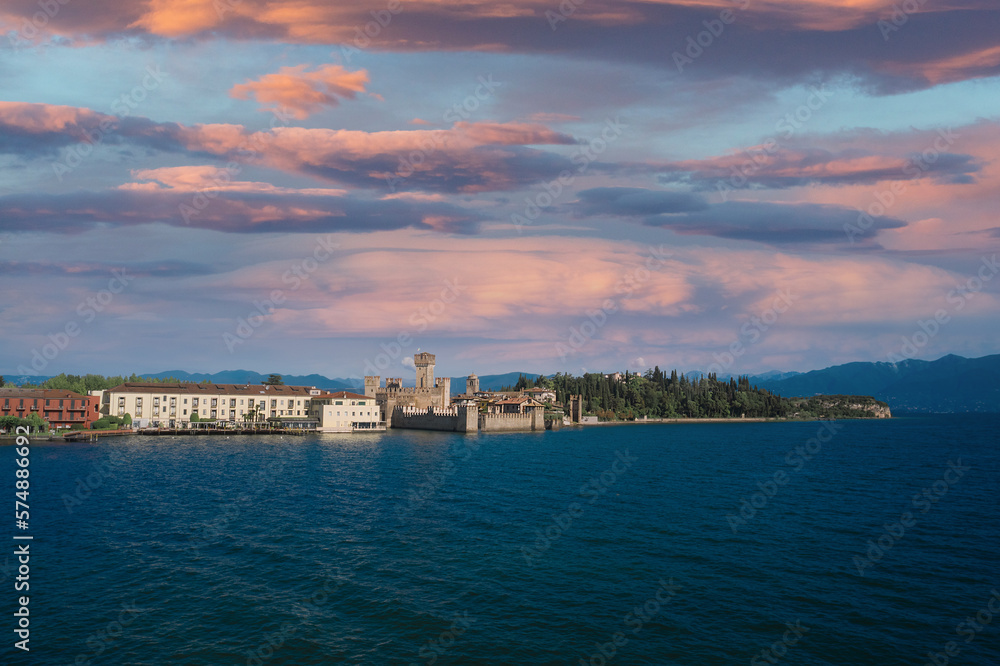 Panoramic view of the Sirmione peninsula, Lake Garda Italy. Rocca Scaligera Castle, the famous castle of Italy