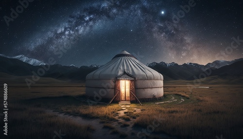 Traditional mongolian yurt on the fields at night with the milky way. Generative AI photo