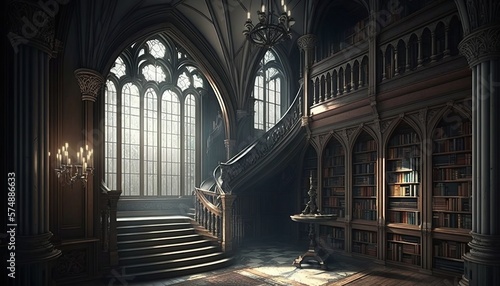 Gothic style great hall library room with big pillars  rosace and books. Generative AI