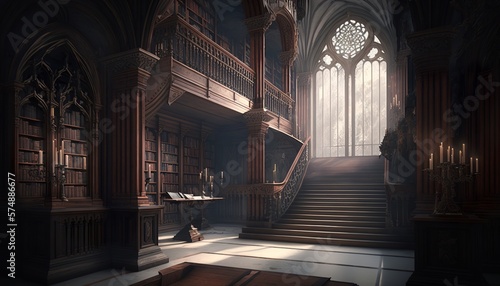Gothic style great hall library room with big pillars, rosace and books. Generative AI