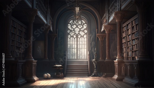 Gothic style great hall library room with big pillars, rosace and books. Generative AI