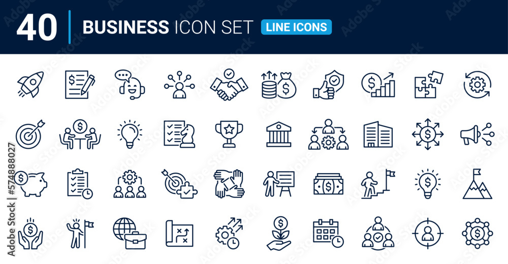 Business icon set. Business team, profit, meeting, partnership, planning, startup, company, leadership and successful key outline icons. Line icons vector collection. - obrazy, fototapety, plakaty 