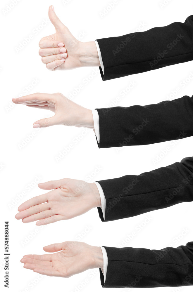 Collage female caucasian hands in black and white office clothes isolated white background. Set business woman hands showing different gestures. Office Style Collage female caucasian hands in black and white office clothes isolated white background. Set business woman hands showing different gestures. Office Style