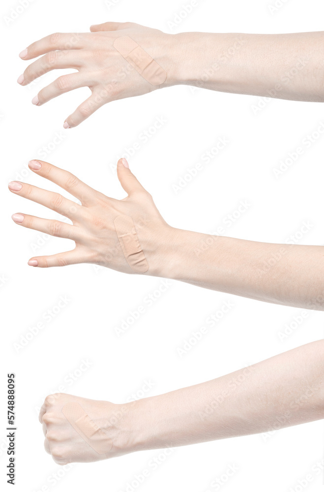 Collage female caucasian hands sticking medical adhesive wound plaster isolated white background. Set woman hands with surgical tape showing different gestures. first aid bandage