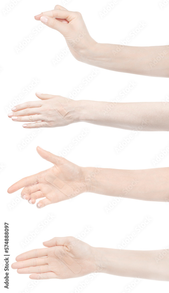 Collage female caucasian hands sticking medical adhesive wound plaster isolated white background. Set woman hands with surgical tape showing different gestures. first aid bandage Collage female caucasian hands sticking medical adhesive wound plaster isolated white background. Set woman hands with surgical tape showing different gestures. first aid bandage