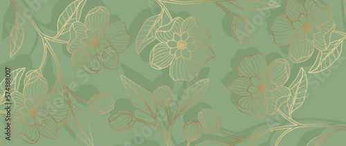 Green luxury vector illustration with golden flowers  branches  leaves and buds for decor  covers  backgrounds