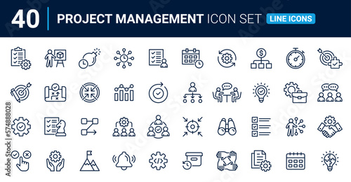 Project management line icon collection. Planning, schedule, collaboration, development and time management concept. Outline icon set.