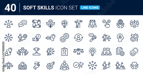 Soft skills line icon set. Containing communication, teamwork, empathy, leadership, problem-solving, creativity, time management and work ethics icons. Outline icons vector collection.