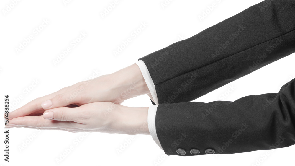 Female caucasian hands in black and white office clothes isolated white background. business woman hands showing different gestures. Office Style Female caucasian hands in black and white office clothes isolated white background. business woman hands showing different gestures. Office Style