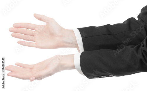 Female caucasian hands in black and white office clothes isolated white background. business woman hands showing different gestures. Office Style