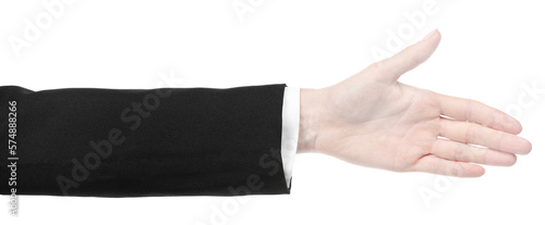 Female caucasian hands in black and white office clothes isolated white background. business woman hands showing different gestures. Office Style