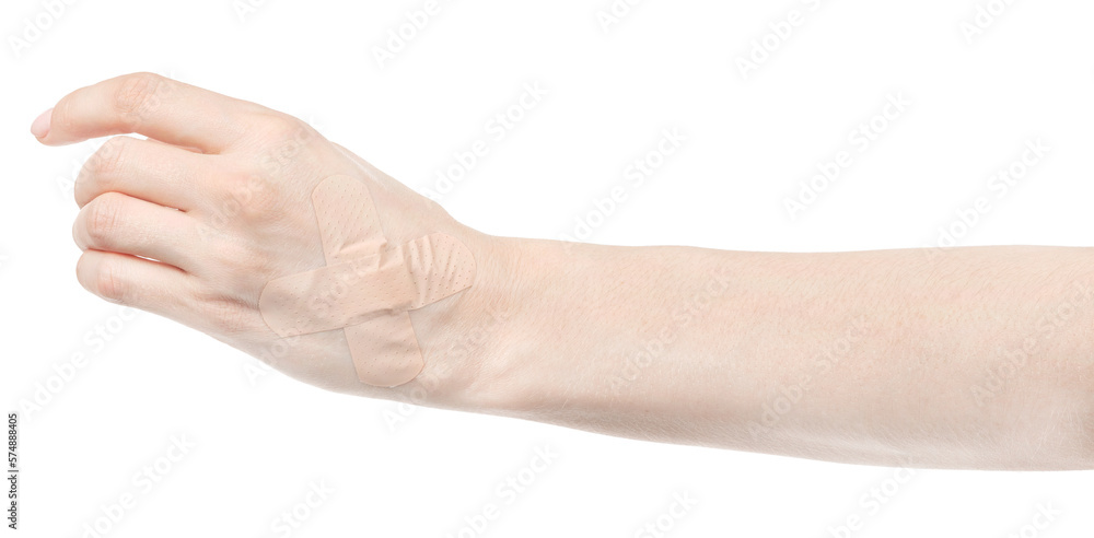 Female caucasian hands with medical adhesive wound plaster isolated white background. Woman hands with surgical tape showing different gestures. first aid bandage Female caucasian hands with medical adhesive wound plaster isolated white background. Woman hands with surgical tape showing different gestures. first aid bandage