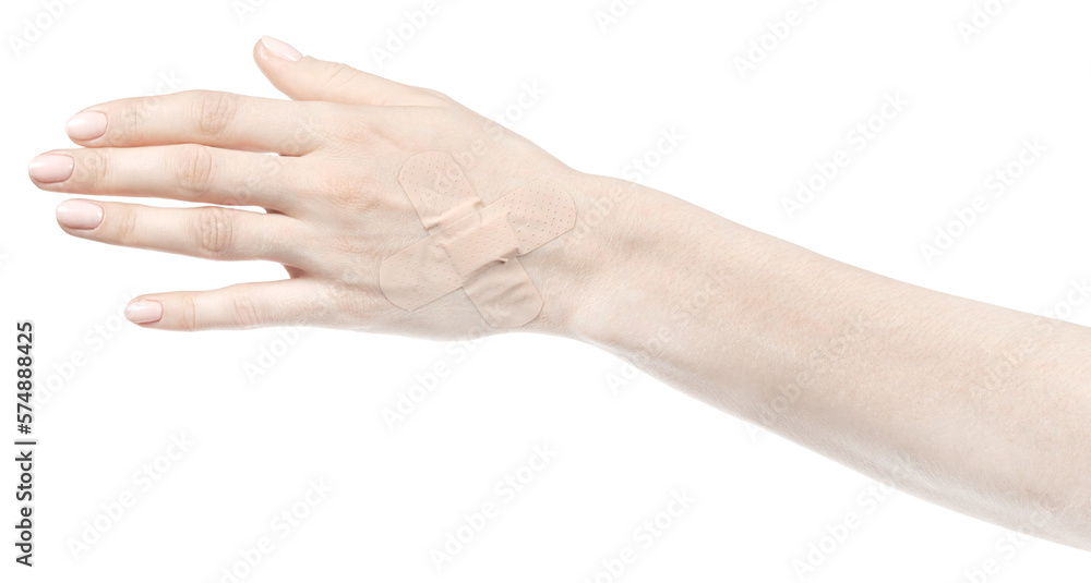 Female caucasian hands with medical adhesive wound plaster isolated white background. Woman hands with surgical tape showing different gestures. first aid bandage Female caucasian hands with medical adhesive wound plaster isolated white background. Woman hands with surgical tape showing different gestures. first aid bandage
