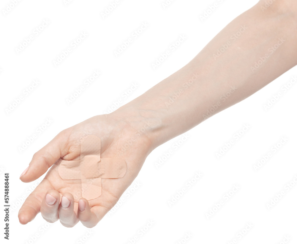 Female caucasian hands with medical adhesive wound plaster isolated white background. Woman hands with surgical tape showing different gestures. first aid bandage Female caucasian hands with medical adhesive wound plaster isolated white background. Woman hands with surgical tape showing different gestures. first aid bandage