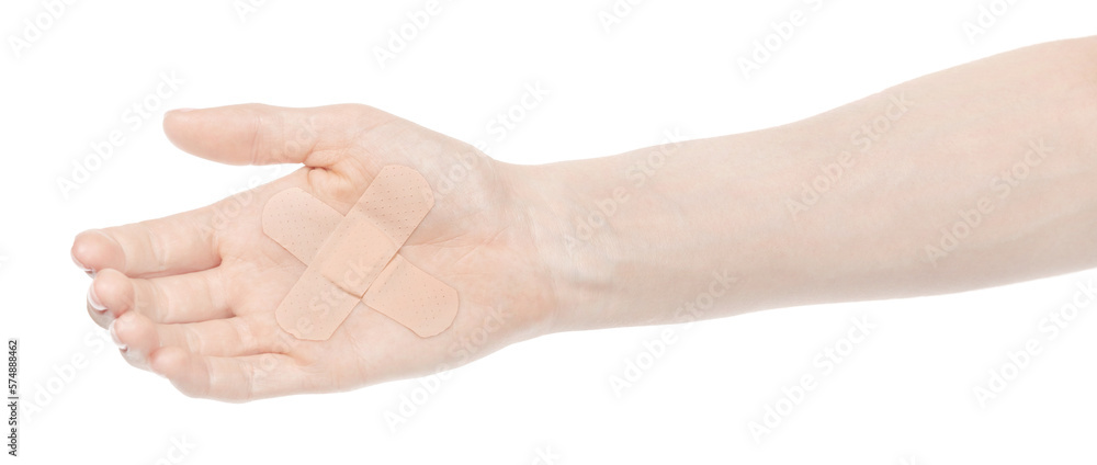 Female caucasian hands with medical adhesive wound plaster isolated white background. Woman hands with surgical tape showing different gestures. first aid bandage Female caucasian hands with medical adhesive wound plaster isolated white background. Woman hands with surgical tape showing different gestures. first aid bandage