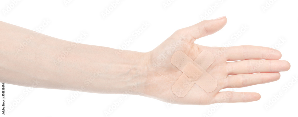 Female caucasian hands with medical adhesive wound plaster isolated white background. Woman hands with surgical tape showing different gestures. first aid bandage Female caucasian hands with medical adhesive wound plaster isolated white background. Woman hands with surgical tape showing different gestures. first aid bandage
