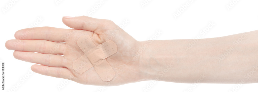 Female caucasian hands with medical adhesive wound plaster  isolated white background. Woman hands with surgical tape showing different gestures. first aid bandage
