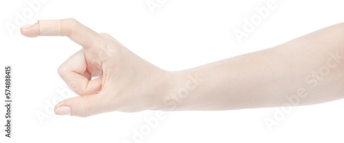 Female caucasian hands with medical adhesive wound plaster  isolated white background. Woman hands with surgical tape showing different gestures. first aid bandage © Илья Подопригоров