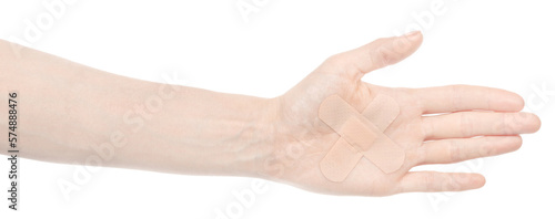 Female caucasian hands with medical adhesive wound plaster isolated white background. Woman hands with surgical tape showing different gestures. first aid bandage