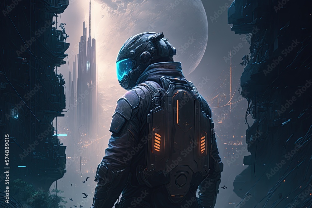A space pilot with futuristic spaceship. Sci-fi space exploration concept. Generative AI A space pilot with futuristic spaceship. Sci-fi space exploration concept. Generative AI