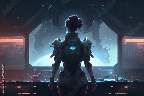 A space pilot in standing in spaceship. Sci-fi space exploration concept. Generative AI 