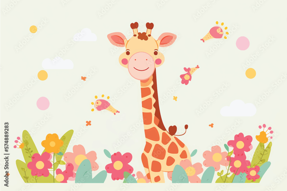 Naklejka premium Cute Giraffe Vector Illustration with Nature Background for Kids: Adorable Safari Animal in Playful Vector Style Surrounded by Vibrant Trees and Leaves - Perfect for Children's Books, Educational Reso