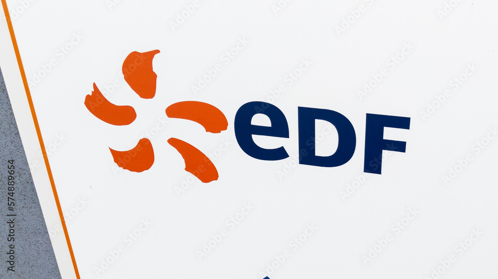 EDF sign text and brand logo on building office entrance French