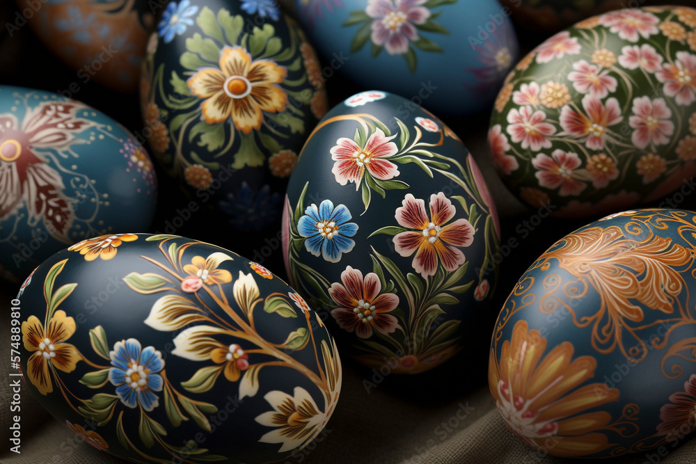 Flower-Patterned Easter Eggs in Stunning Close-Up - Generative Ai Flower-Patterned Easter Eggs in Stunning Close-Up - Generative Ai