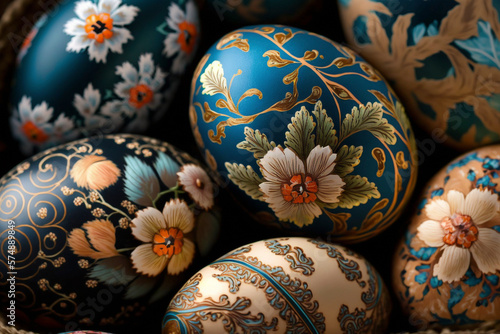 Intricately Painted Easter Eggs with Stunning Floral Detail in Close-Up Shot - Generative Ai photo