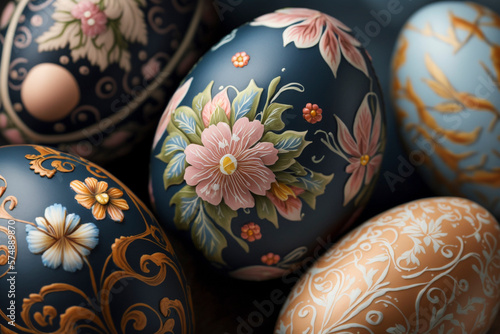 Close-Up of Easter Eggs with Stunningly Detailed Floral Patterns - Generative Ai photo