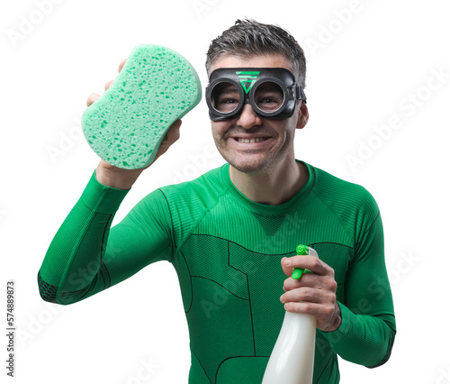фотографія Superhero cleaning with sponge and detergent
