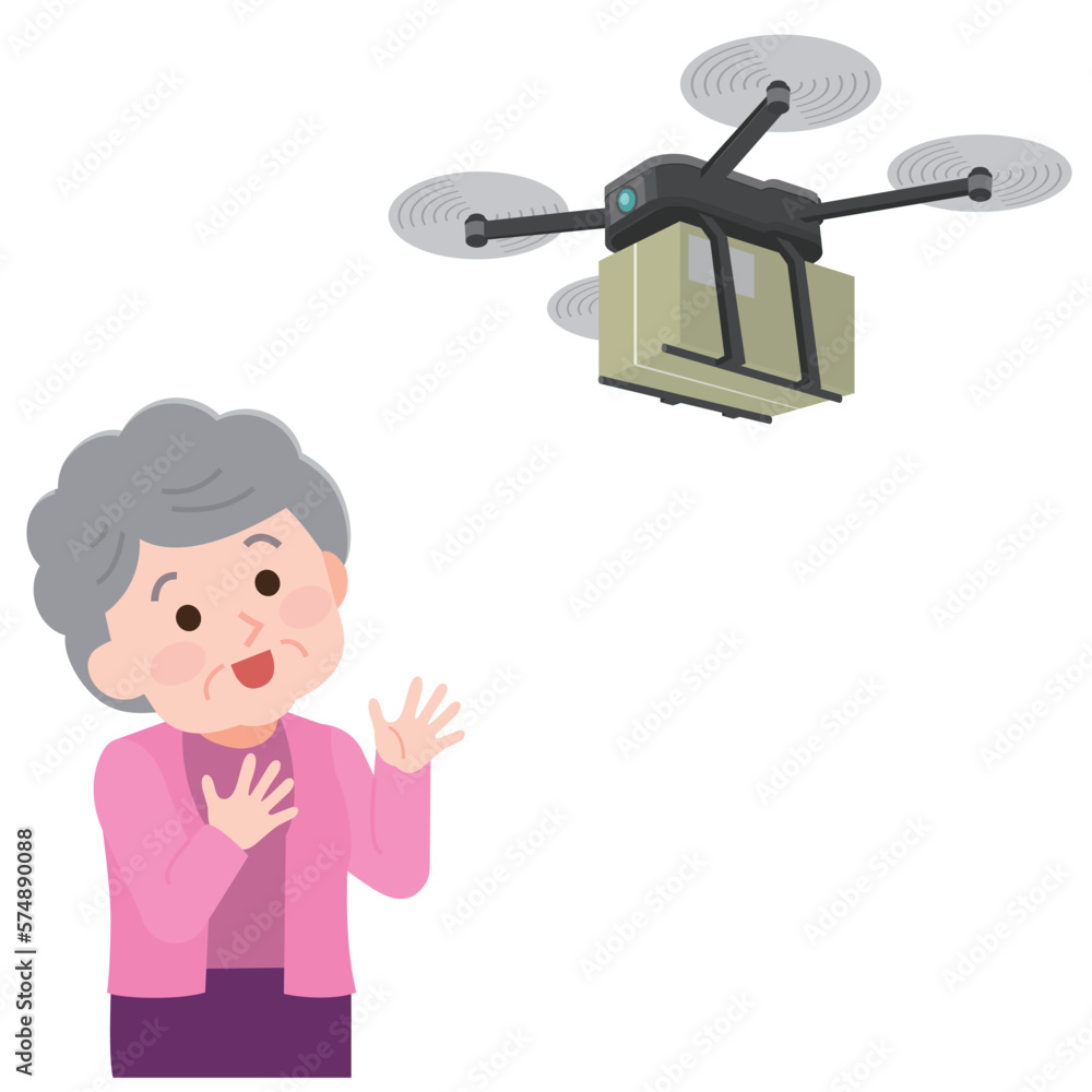 Obraz premium 宅配便を届ける運搬ドローン 助かる高齢女性 イラスト