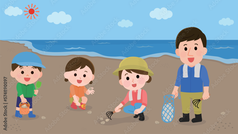 潮干狩りを楽しむ家族 海と砂浜の背景 イラスト 潮干狩りを楽しむ家族 海と砂浜の背景 イラスト