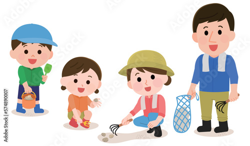 潮干狩りを楽しむ家族　イラスト