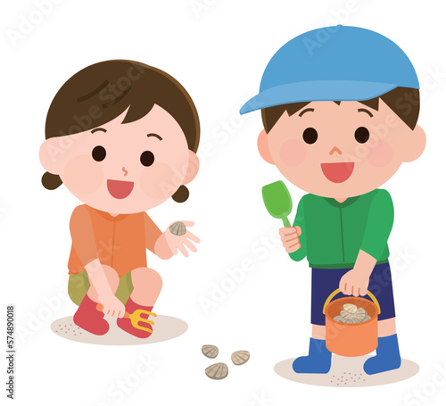 潮干狩りを楽しむ男の子と女の子　イラスト