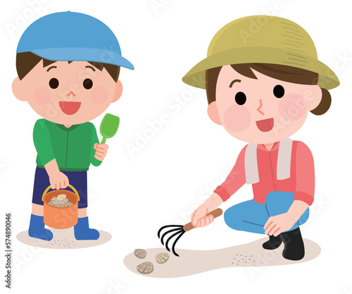 潮干狩りを楽しむ母親と男の子　イラスト