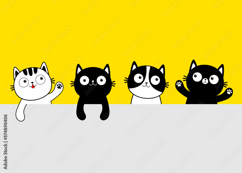 White black doodle kitten. Cat head face line contour icon set. Cute cartoon funny character. Funny kawaii smiling sad pet animal. Paw print. Different emotions. Flat design Yellow background White black doodle kitten. Cat head face line contour icon set. Cute cartoon funny character. Funny kawaii smiling sad pet animal. Paw print. Different emotions. Flat design Yellow background