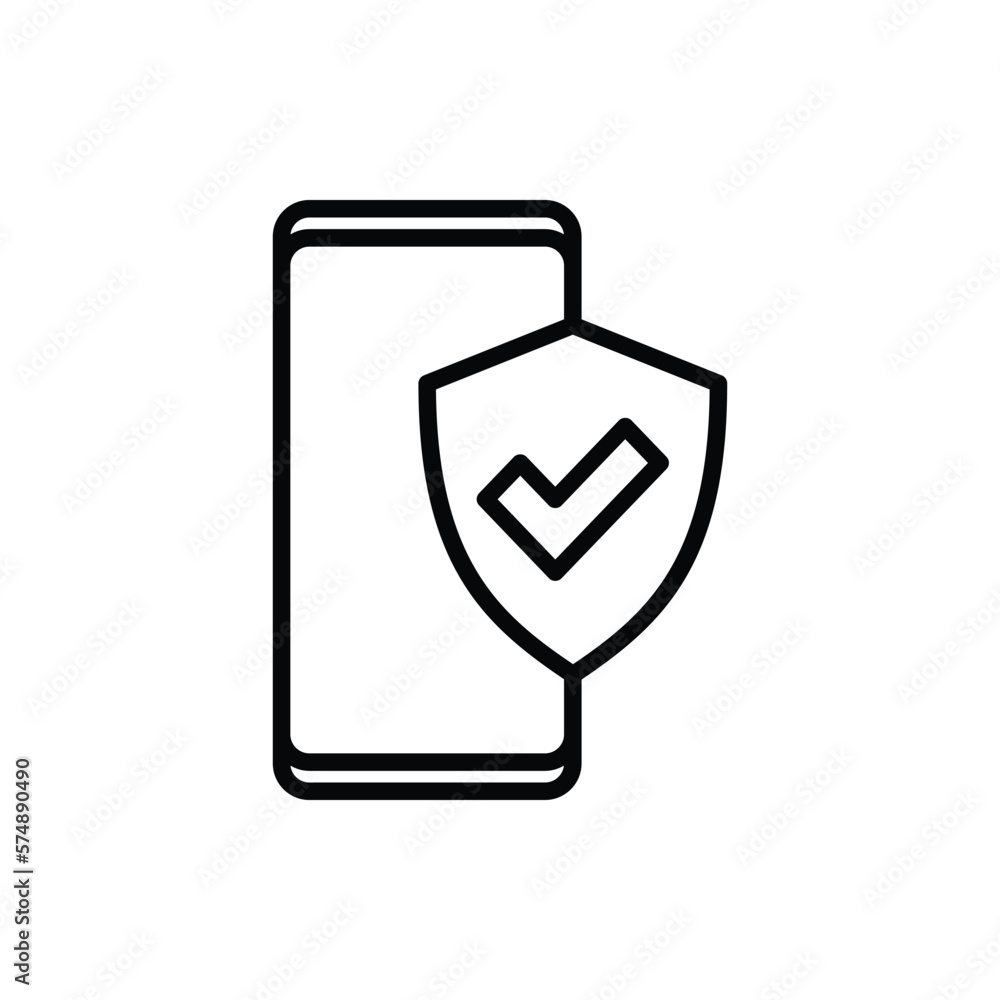 Safety confirmed: smartphone is protected by shield with check mark. Thin line icon. Modern vector illustration. Safety confirmed: smartphone is protected by shield with check mark. Thin line icon. Modern vector illustration.