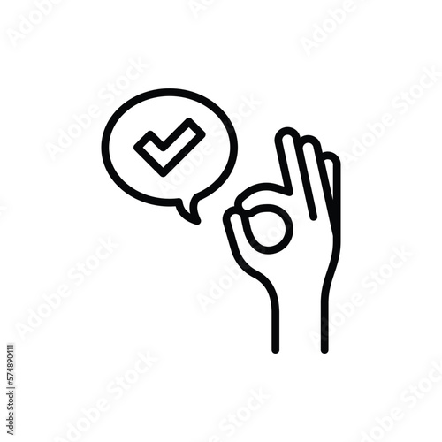 Hand gesture ok and speech bubble with check mark. Thin line icon. Approved, confirmed. Excellent, perfect. Modern vector illustration.