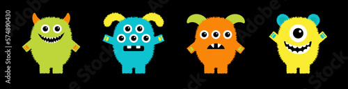 Monster set line. Happy Halloween. Cute face head. Four colorful monsters. Cartoon kawaii scary funny character. Different emotion. Baby collection. T-shirt design. Black background. Flat design.