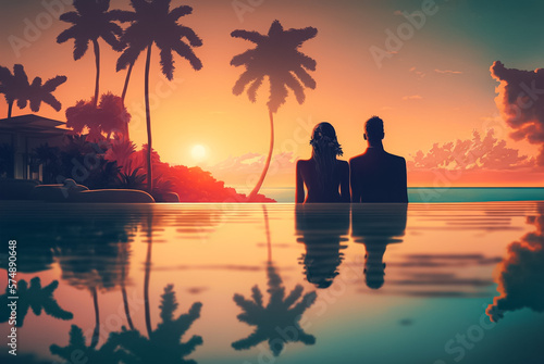 Couple Enjoying Sunset at a Tropical Island. Generative AI.