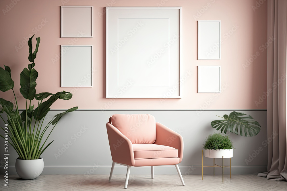Fototapeta premium Single-Frame Exhibition Monochrome flat room with a light pink and pinkish orange wall, a solitary chair, plants, and a mock-up room for a poster. Generative AI