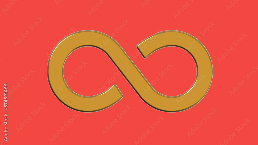 The sign of infinity is golden, isolated on a red background. Symbol of infinity. Horizontal image. 3D image. 3D rendering. The sign of infinity is golden, isolated on a red background. Symbol of infinity. Horizontal image. 3D image. 3D rendering.